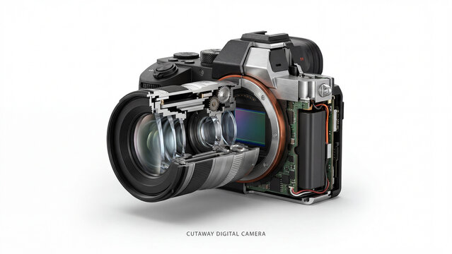 Cutaway view of a digital camera showing internal components