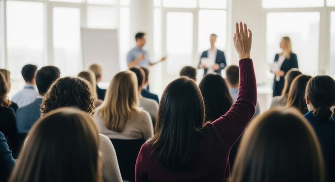A group of diverse people in a bright room with large windows, listening to speakers. One person raises their hand to participate in this business meeting, conference, or training session.