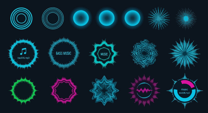 Futuristic audio visualizer circles, neon music equalizer wave set, glowing digital sound frequency elements, 17 vector icons for podcast and dj interface