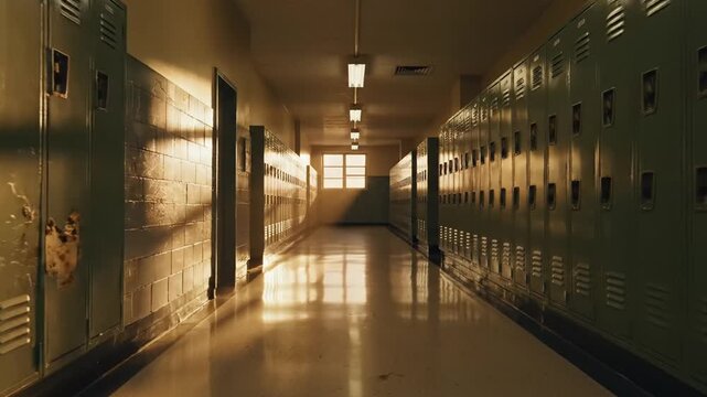 Empty School Hallway With Green Lockers Under Warm Sunlight Shadows