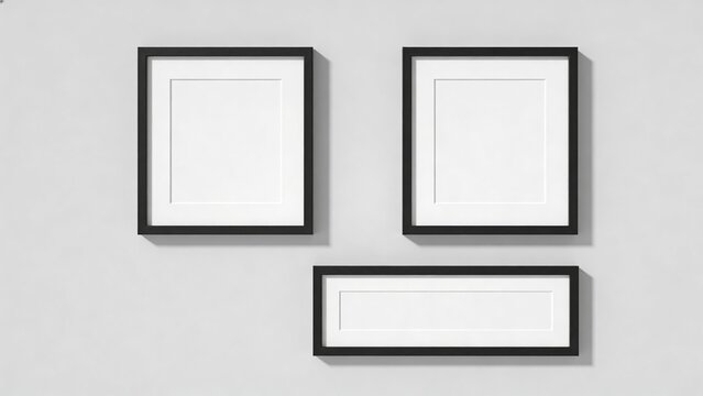  features a minimalist layout with three empty picture frames arranged against a plain, light gray background. The frames are simple and modern, with thin black borders and wide white mats. Two frames