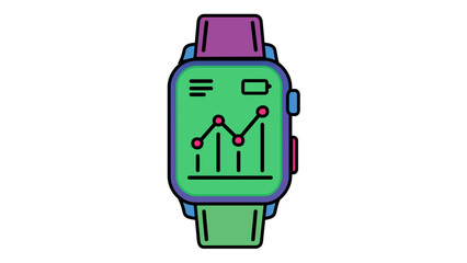 Naklejka premium Colorful vector icon illustration of a smartwatch fitness tracker with data graph and battery display, featuring editable stroke, adjustable line weight, and customizable stroke for design.