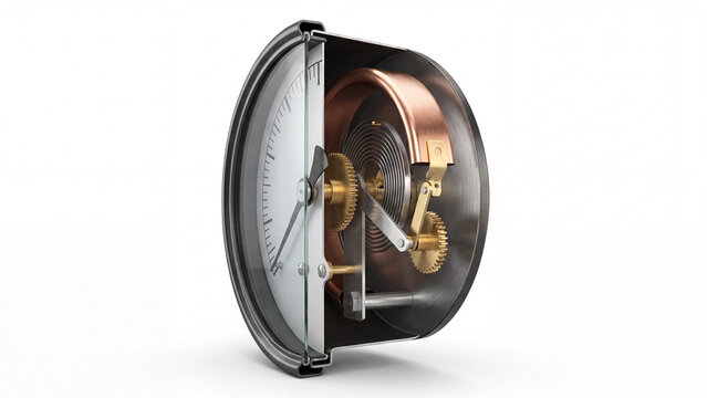 Clock mechanism detail showing internal gears and copper elements on white background