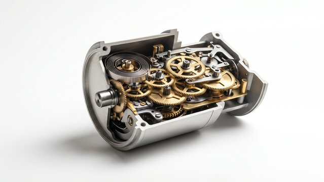 Intricate clock mechanism displaying gears and springs on white background