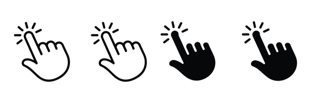 Hand cursor icon set featuring click pointer symbols for touchscreen interaction, web navigation and user interface control, vector