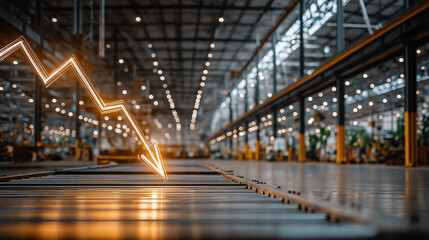 Obraz premium Industrial Downturn: A stark, stylized representation of an industrial decline, with a downward trending arrow overlaying a factory production line, symbolizing economic recession.