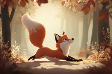 Fototapeta premium Whimsical fox mid-stretch in autumn woodland glow