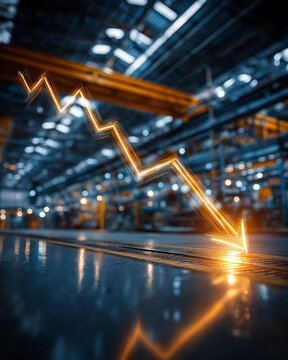 Economic Downturn in Factory: A stark graphic illustrates a sharp downward trend, signifying an economic decline within an industrial factory setting. The neon orange line casts a dramatic glow.