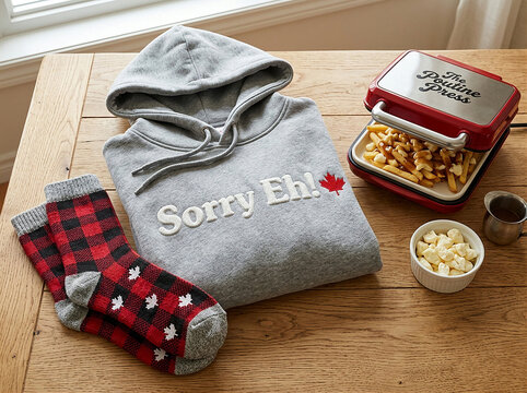 Folded hoodie with Sorry Eh text, Canadian maple leaf, and plaid socks on wooden table with snacks