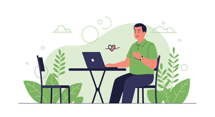 Fototapeta premium Man using laptop outdoors, heart icon, health concept, telemedicine, remote work