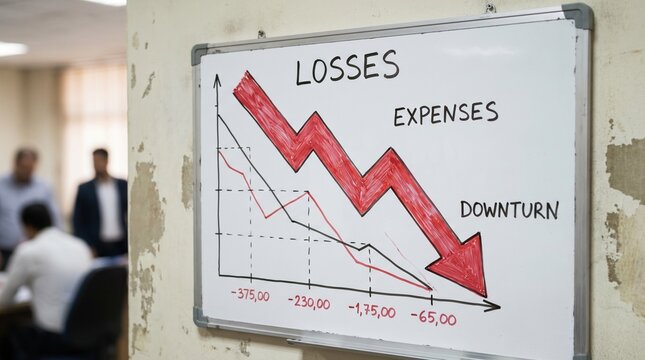 A red arrow pointing downwards in a zigzag pattern, illustrating losses, expenses, or financial downturn.