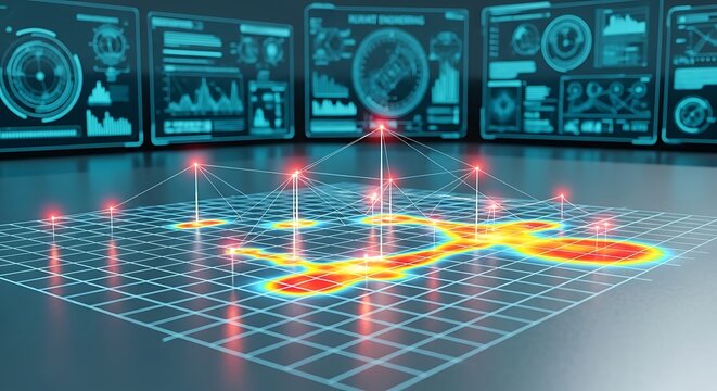 Futuristic digital data visualization dashboard with glowing heat map grid