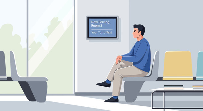 Man waits in modern clinic lobby for appointment, digital screen shows queue number
