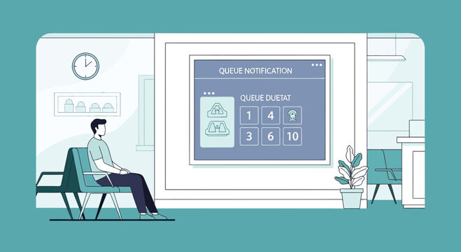 Man waiting in clinic lobby for queue notification on digital screen