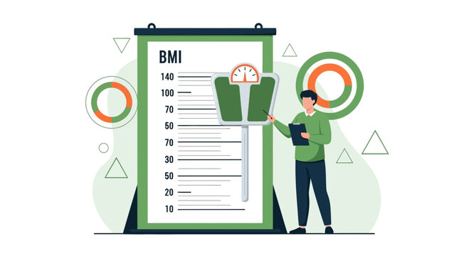 Man with BMI Chart and Scale - Health Assessment and Weight Management Concept