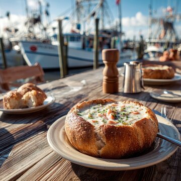 Creamy clam chowder served in a sourdough bread bowl at a harbor restaurant