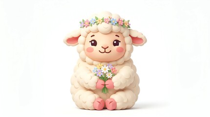 Fototapeta premium A cute, fluffy sheep wearing a flower crown and holding a bouquet of flowers