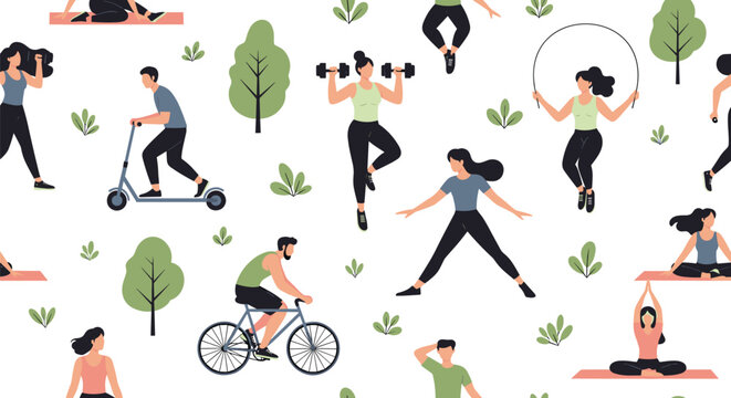 Seamless pattern featuring various people engaged in outdoor fitness activities like cycling running yoga and skipping rope.