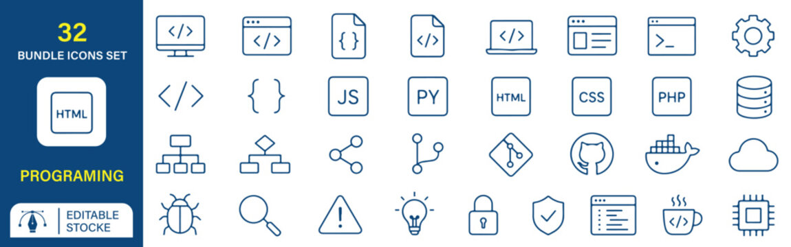 Set of 32 Programming Icons Icons will be different, create a vector outline icons using white background and black colour.