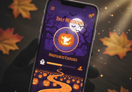 Smartphone displaying halloween meditation app interface
