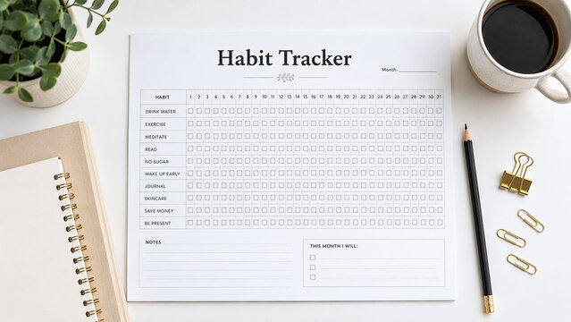 Habit tracker sheet for monitoring routines, goals and personal productivity