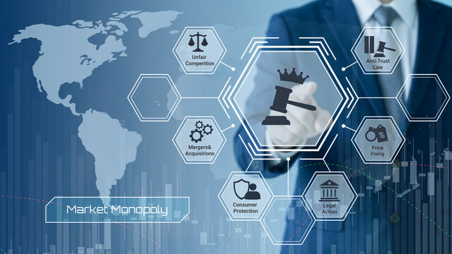 Business professional analyzing market monopoly concepts with global financial and legal elements displayed