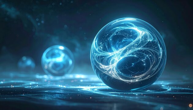 Interconnected quantum entanglement patterns visualized as swirling luminous blue light orbs