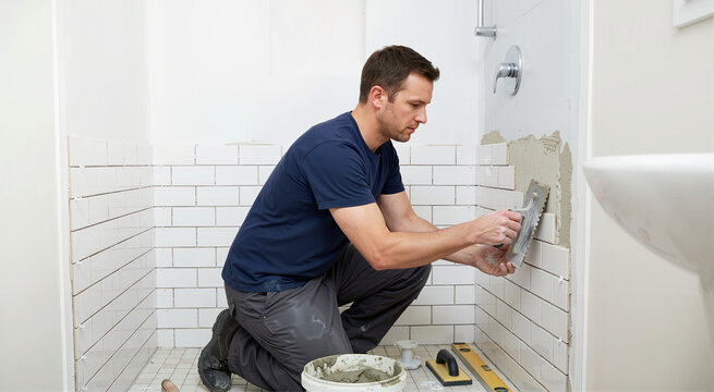 Plumber tiling a bathroom shower wall. Man kneeling and spreading mortar with a notched trowel to install white subway tiles. Home renovation concept