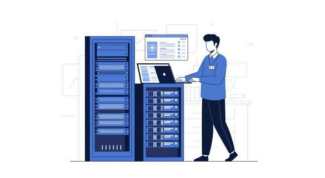 IT Specialist Works on Server Racks in Modern Data Center with Medical Interface