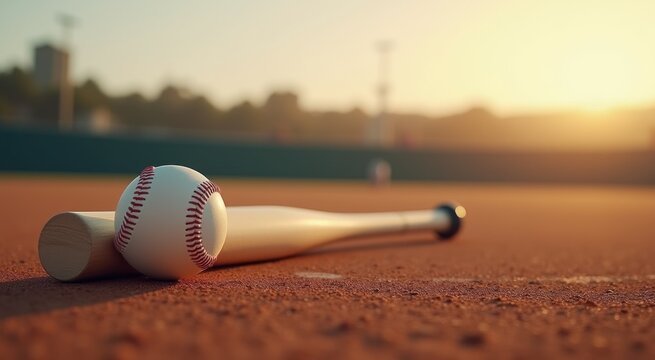 Baseball bat and ball on a baseball field with a baseball in the background sport background