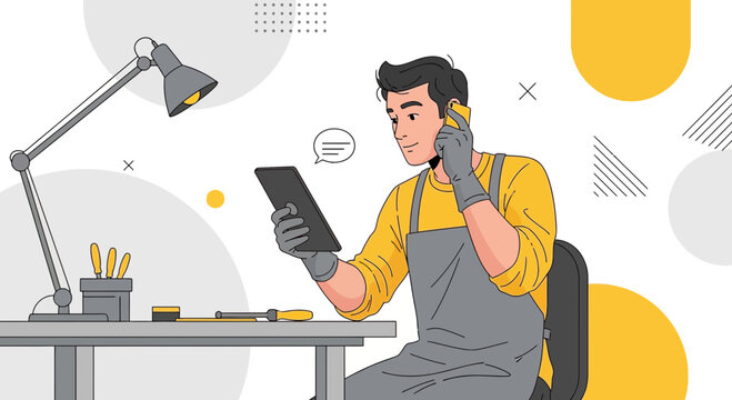 Handyman on Phone with Tablet, Discussing Project at Desk with Tools