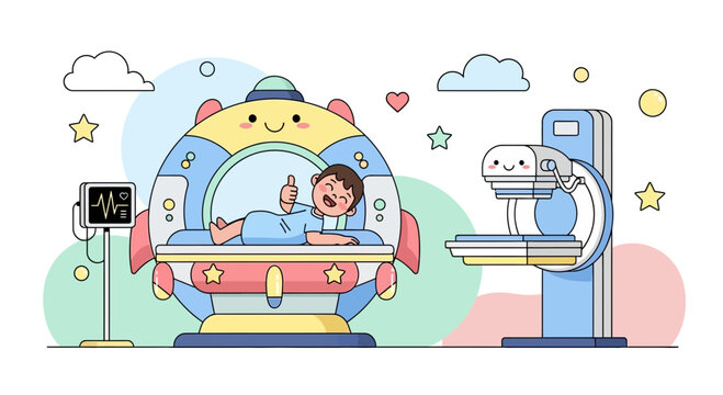 Happy Child Undergoing MRI Scan in Cartoon Rocket Machine, Medical Concept