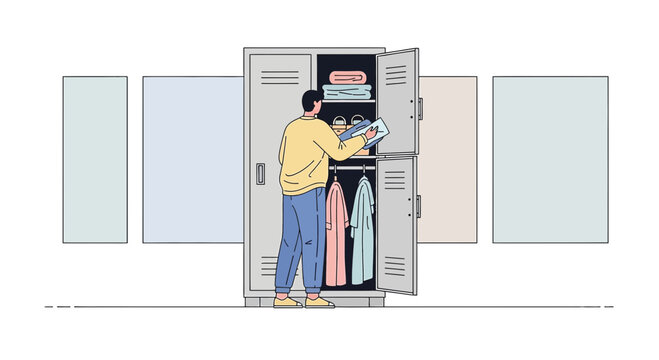 Man Organizing Locker with Clothes and Items, Modern Storage Solution