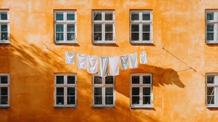 Obraz premium Bright orange plaster building facade with white windows, laundry hanging on a line, strong sunlight creating deep shadows
