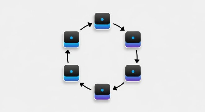 Blue and black computer servers in a circular data transfer process
