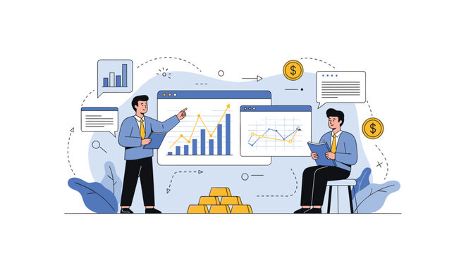 Two financial experts analyze business growth charts on computer screens with stacks of gold bars and coins on the floor.