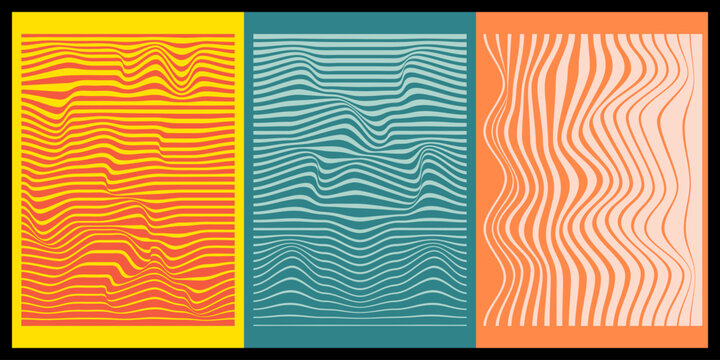 Set of three trendy retro abstract posters featuring wavy line distortion effects in colorful geometric patterns.