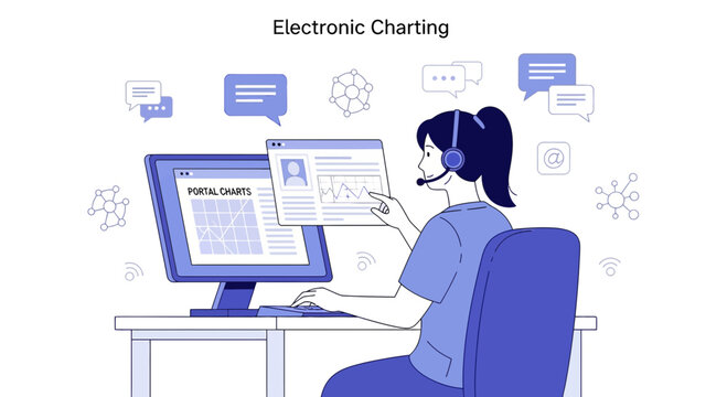 Healthcare professional using electronic charting system for patient records and telemedicine consultation