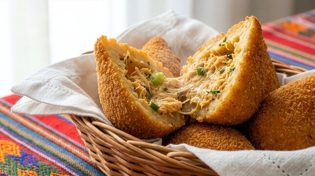 Close up of a steaming traditional Brazilian chicken croquette broken open to reveal a juicy, creamy melted cheese filling.