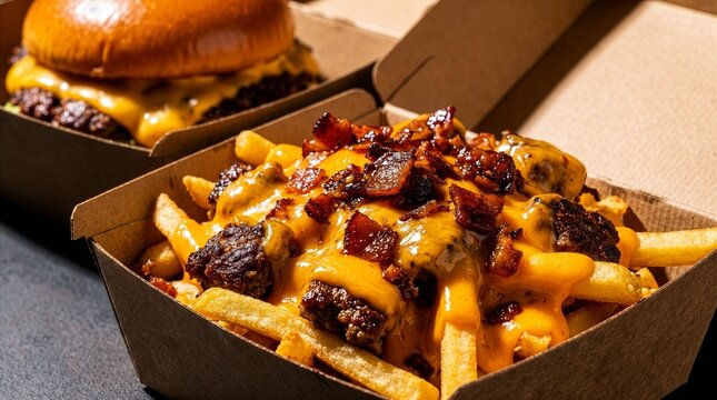 Close up of delicious loaded french fries with melted cheddar cheese, crispy bacon, and meat in a takeout cardboard box. A blurry cheeseburger is visible in the background, perfect for fast food.
