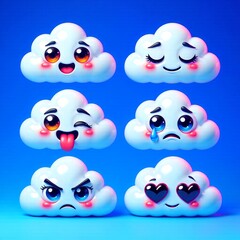 Fototapeta premium Vibrant 3d rendered set of expressive cartoon clouds with diverse emotions on blue background.