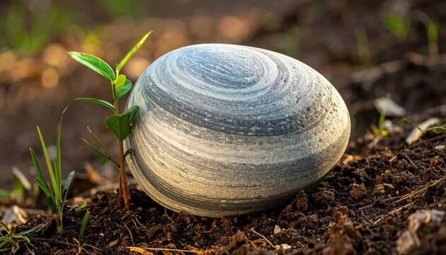 Smooth, egg-shaped basalt rock with swirling patterns rests on rich, dark soil beside a small green sprout.