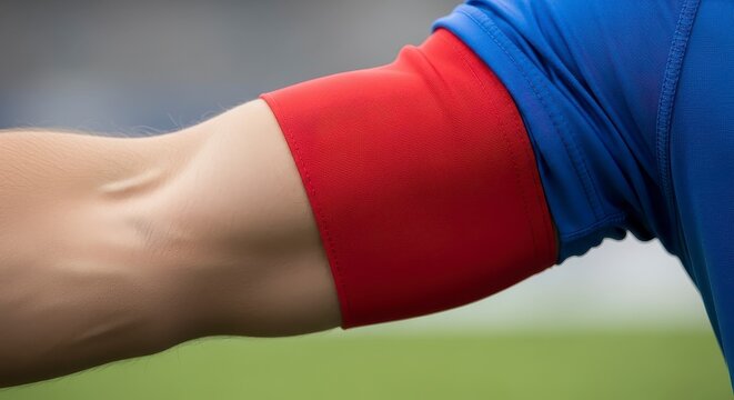 Close up of red captains armband on blue soccer jersey sleeve during sports match.