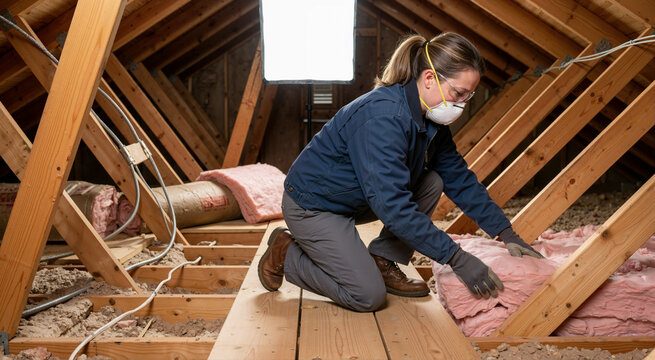Woman installing pink fiberglass insulation in an attic. Homeowner wearing safety mask and glasses placing thermal batts between wooden floor joists. Home energy efficiency upgrade