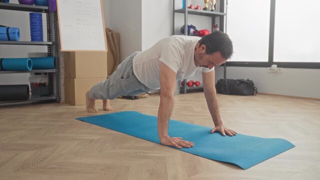 Man middle age hispanic performing pushup with hands on blue yoga mat in studio with gym equipment visible; discipline determination.