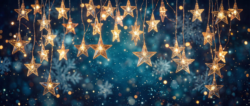 Beautiful bright curtain of star shaped fairy lights glowing in the dark, perfect for magical holiday concepts