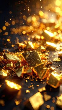 Glistening gold nuggets and fragments shimmer against a dark, bokeh-filled background.