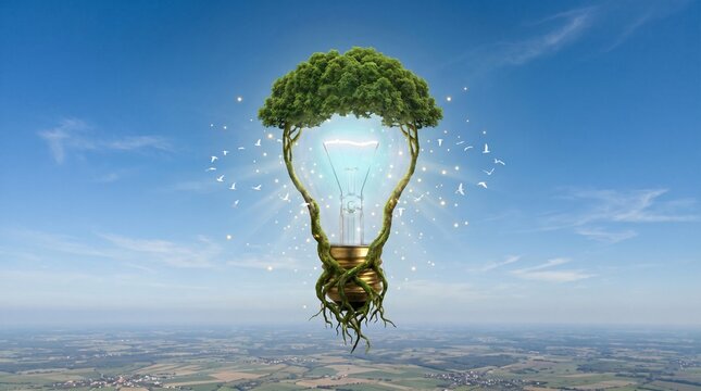 Green energy concept with tree and roots forming a glowing light bulb