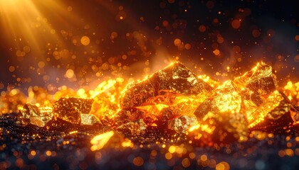 Naklejka premium Abstract golden fragments and bokeh lights under sunbeams