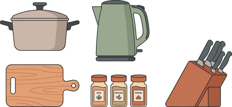 Kitchen utensils and cookware vector illustration set with pot electric kettle spices cutting board and knife block
